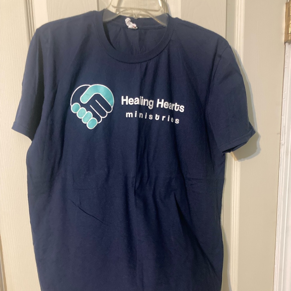 Anvil 100% cotton navy tee shirt size large healing hearts ministries